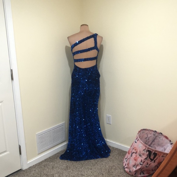 Crystal Doll Formal Maxi Dress Size 5 Royal Blue Sequin One Shoulder Cutout Gown - Picture 5 of 11